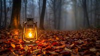 Vintage oil lantern glowing warmly among colorful autumn leaves in misty forest setting, creating cozy atmospheric lighting for seasonal camping adventures.