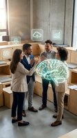 Four diverse business professionals collaborating around glowing brain hologram in modern office with digital icons representing cloud storage, growth analytics and connectivity solutions.