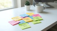 Colorful sticky notes with thank you messages in different languages scattered on white desk with coffee mug, laptop and succulent plant in bright office workspace.