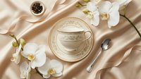 Elegant porcelain teacup and saucer with ornate gold pattern surrounded by white orchid flowers on luxurious beige silk fabric for refined dining decor.