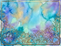 Watercolor background with soft blue, purple, and yellow washes blending across the canvas, decorated with ornamental paw print borders in metallic gold and teal. Suitable for pet-related designs, greeting cards, and animal-themed projects.