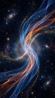 Glowing energy waves with blue and orange light trails swirling through starfield, creating dynamic motion effect with particle sparkles for cosmic, abstract, and technology backgrounds.