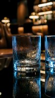 Glasses filled with sparkling water and ice cubes on a dark bar counter with warm ambient lighting and blurred bottles in background, suitable for beverage, hospitality and restaurant marketing.