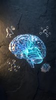 Digital brain with glowing neural networks surrounded by technology symbols on textured dark background for artificial intelligence concepts.