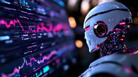 Futuristic robot head against financial market data visualization with glowing pink and blue trading charts, representing artificial intelligence in finance.