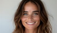 Young woman with freckles and wavy brown hair smiling at camera against neutral background, showcasing natural beauty for skincare or lifestyle content.