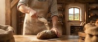 Artisan baker in apron dusting flour on freshly baked bread loaf at wooden workbench in rustic bakery kitchen with natural light from window.
