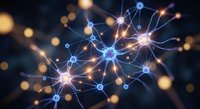 Abstract neural network connections with glowing nodes and synapses on dark background for technology, artificial intelligence and data science concepts.