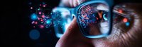 Close up view of eyeglasses reflecting digital technology particles and bokeh lights, focusing on innovative future concepts and digital transformation.