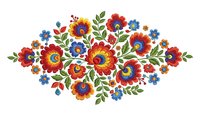 Folk art floral arrangement with colorful flowers and leaves in traditional embroidery style on white background for decorative design projects.