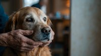 Senior golden retriever with cloudy eyes gently held by caring human hands, evoking pet love, aging, and companionship at home.