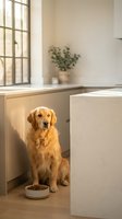 Golden retriever sitting in modern kitchen with food bowl, potted plants on counter, and natural light from window, suitable for pet care, home design, and lifestyle content.