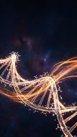 Glowing DNA double helix strand with golden light trails against a dark cosmic background, symbolizing genetics, biotechnology, and scientific discovery.
