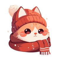 Adorable cartoon fox wearing winter knit beanie and scarf, with kawaii-style big eyes and rosy cheeks on isolated background, suitable for stickers and merchandise.