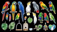 Colorful parrot collection featuring macaws, cockatoos, and tropical birds in various poses with foliage and accessories, isolated on transparent background for clipart, t-shirt design, and print-on-demand projects.