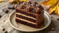 Rich chocolate layer cake slice with creamy frosting and decorative piping on ceramic plate. Autumn leaves and coffee beans create cozy bakery atmosphere.
