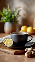 Black tea cup with fresh lemon slice and ginger root on wooden board. Cozy morning scene with herbs in vase and citrus fruits in soft natural lighting.