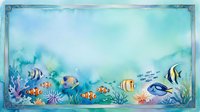 Underwater ocean scene with tropical fish, coral reef and marine life in turquoise blue waters. Aquatic border frame for marine themed designs and decorations.