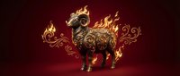 Golden ornate bull sculpture with decorative flames and swirls on dark red background for luxury branding and festive celebrations.