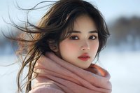 Young Asian woman with flowing dark hair wearing pink scarf outdoors in winter, natural makeup and serene expression against snowy background.