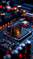 Glowing computer processor on circuit board with red and orange lights, dramatic macro photography showing electronic components and heatsink in dark setting.