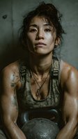 Strong Asian female athlete with kettlebell after intense workout showing determination and grit in fitness training session.