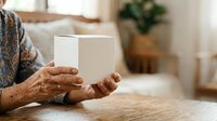 Senior adult hands holding blank white box on wooden table in bright home interior with natural light.
