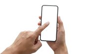 Hands holding smartphone with blank white screen mockup isolated on white background for app presentation and mobile interface design.