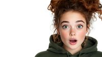 Young woman with red curly updo hairstyle and natural makeup wearing green hoodie shows surprised expression with open mouth against white background. Isolated portrait.