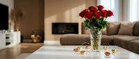 Red roses in crystal vase on white coffee table in modern living room with fireplace and sofa creating romantic home decor atmosphere for Valentine's Day.