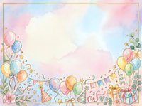 Pastel watercolor celebration background with colorful balloons, confetti, party hats, gift boxes, and floral elements. Isolated design on white space, ready for invitations, greeting cards, and event materials.
