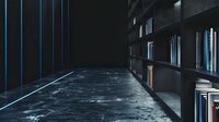 Dark moody corridor in modern library interior with blue accent lighting, black walls, concrete floor and built-in bookshelves creating dramatic atmosphere.