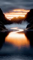 Dramatic sunset illuminates winding fjord between steep mountain cliffs, with low-lying mist and golden light reflecting on calm water surface creating S-shaped pattern.