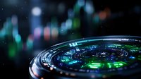 Futuristic holographic interface with glowing blue and green digital elements against blurred city lights background for technology and innovation concepts.