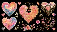 Ornate decorative hearts with watercolor textures, floral patterns, and gold accents isolated on transparent background. Ready for t-shirt designs, stickers, clipart, sublimation, and print-on-demand projects.