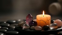 Burning candle surrounded by healing crystals and smooth stones creating peaceful spa atmosphere for meditation and wellness rituals.