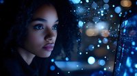 Young African American woman gazing at futuristic holographic display with glowing blue bokeh lights and digital interface technology concept.