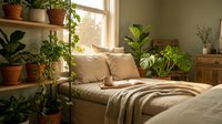 Cozy bedroom with natural sunlight streaming through window, featuring bed with beige bedding, potted plants on wooden shelves, and warm earthy tones for home decor and interior design inspiration.