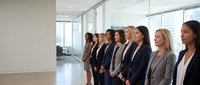 Young and mature women in business attire standing together in modern office space with large windows, representing corporate teamwork, diversity, and professional collaboration in contemporary workplace environment.