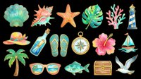 Colorful summer beach clipart set isolated on transparent background, featuring seashells, starfish, tropical flowers, and nautical elements for stickers and print on demand.