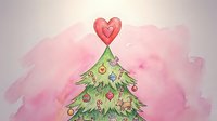 Red heart topping festive evergreen tree with colorful ornaments on soft pink watercolor background, isolated for holiday greeting cards and seasonal designs.