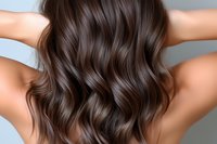 Long wavy brunette hair from behind, woman holding her dark brown glossy locks up with both hands showing healthy styled waves and shine. Haircare concept.
