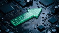 Green digital arrow with binary code pointing upward on computer circuit board representing technology growth, data processing and electronic advancement.