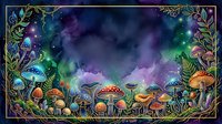 Mystical forest floor with glowing mushrooms and magical lights in purple and green hues, surrounded by ornate golden botanical border frame.