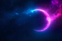 Glowing crescent moon in vibrant neon pink and blue colors against dark space background with stars and cosmic clouds, creating mystical atmosphere.