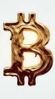 Liquid gold bitcoin symbol with glossy, molten surface and transparent cutouts isolated on white background for cryptocurrency design projects.