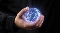 Businessman hands holding glowing blue energy sphere with electric lightning effects on dark background for technology and innovation concepts.