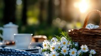 Romantic outdoor breakfast setting with wicker basket, white daisies, and teacups on wooden table, backlit by golden morning sunlight in garden, creating cozy atmosphere.