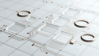 Modern minimalist white geometric shapes and rings arranged on grid paper for contemporary design projects and architectural visualization.