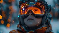 Young person wearing ski goggles with orange reflection against snowy bokeh background, close up winter sports portrait capturing magical evening atmosphere.